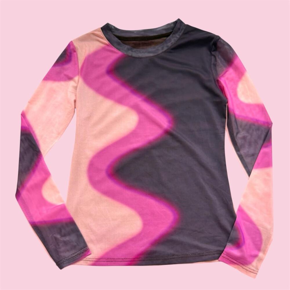 Euro style Pink and black wavy abstract pattern mesh long sleeve top